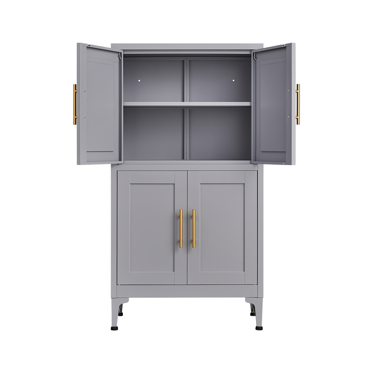 Grey metal kitchen storage cabinet with door and adjustable shelf in a modern kitchen
