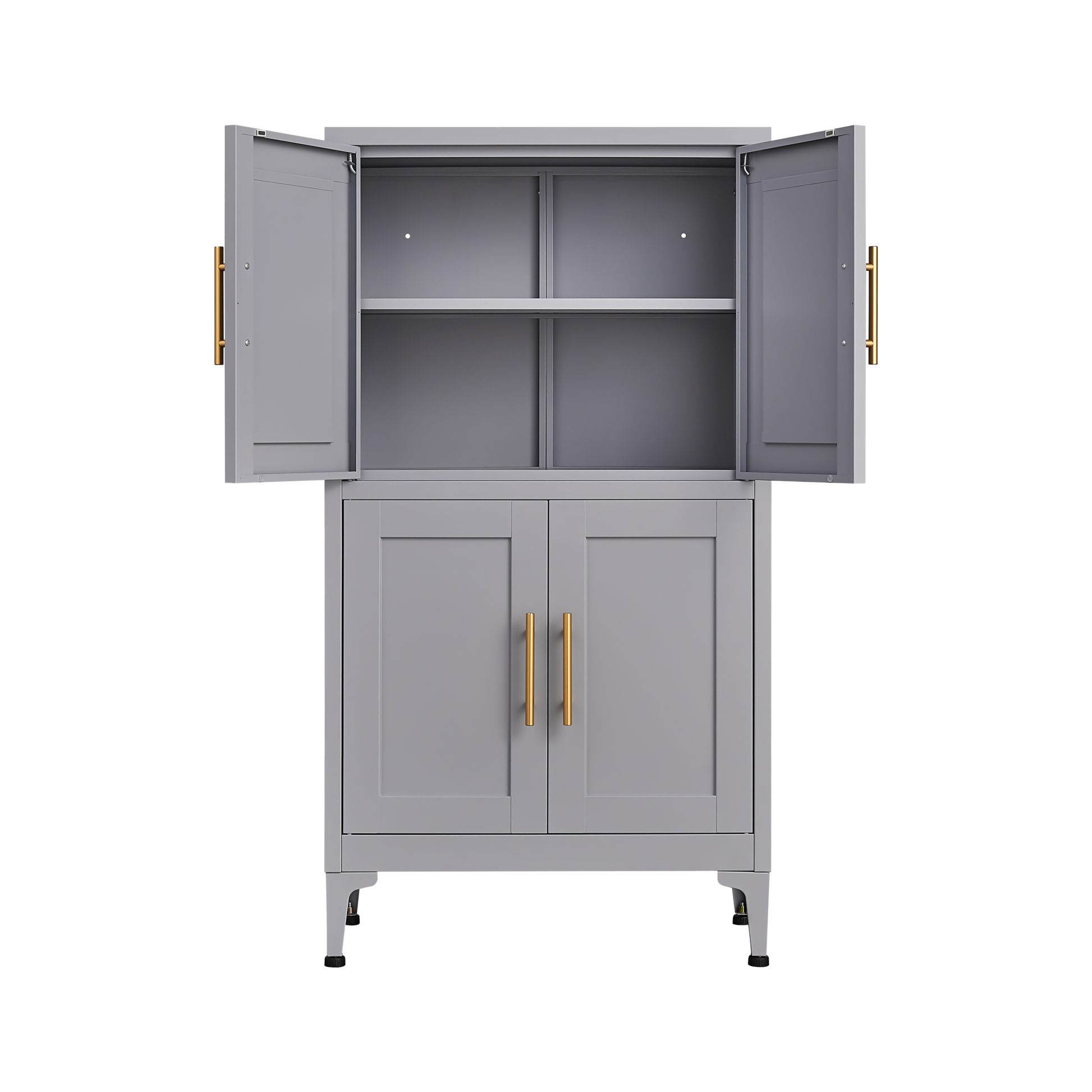 Grey metal kitchen storage cabinet with door and adjustable shelf in a modern kitchen