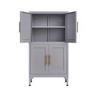 Grey metal kitchen storage cabinet with door and adjustable shelf in a modern kitchen