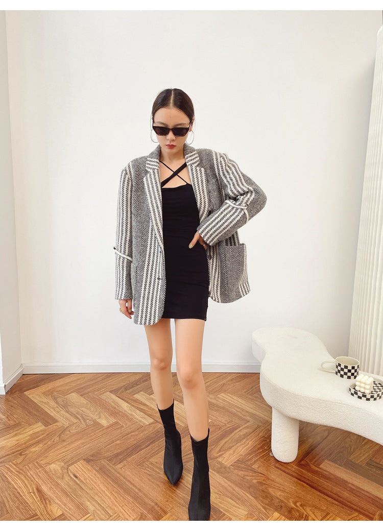 Vintage Striped Weave Woolen Blazer Coat for Women, Autumn Winter Casual Suit Jacket








