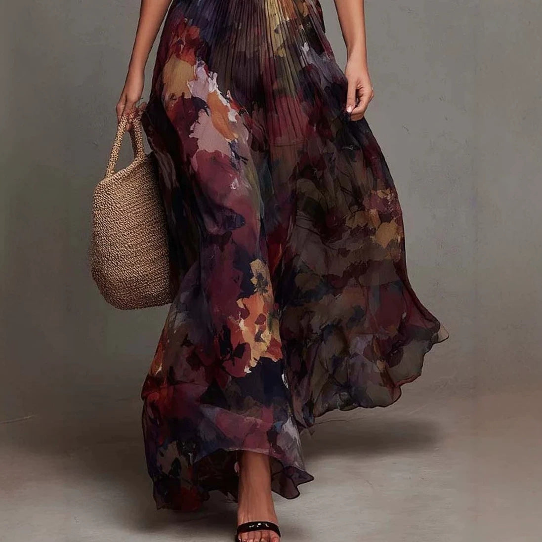 Elegant Deep V-Neck Painted Print Fitted Waist Flowy Chiffon Maxi Dress Hot Deal Warehouse