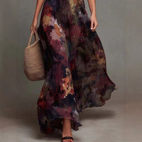 Elegant Deep V-Neck Painted Print Fitted Waist Flowy Chiffon Maxi Dress Hot Deal Warehouse