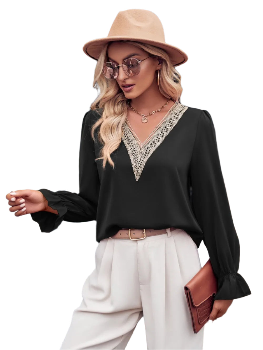 Ruffled V-Neck Blouse with Flounce Sleeves – Women's Elegant Top

