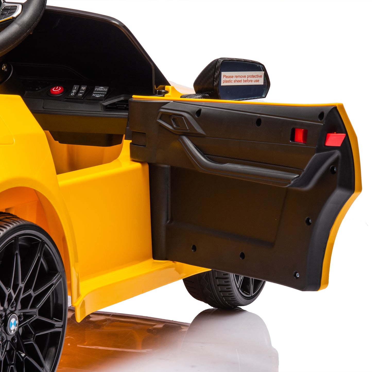 Yellow BMW M4 12V electric ride-on car for kids, featuring authentic design with working headlights, MP3 player, and forward/reverse motion. Comes with adjustable seat and steering wheel, providing a realistic driving experience for children aged 3-6