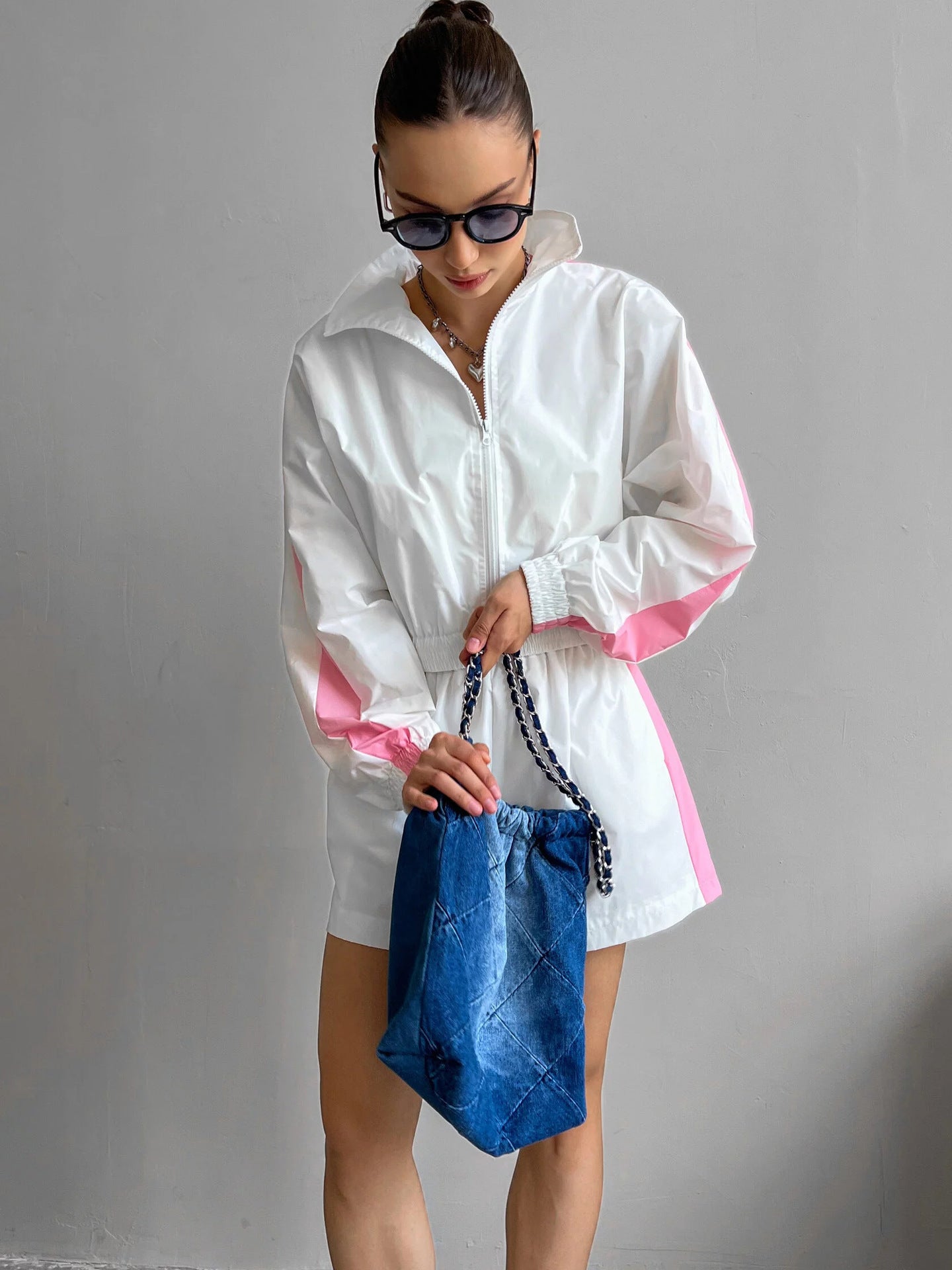 Zippered Long Sleeved Top and Sports Shorts Set Hot Deal Warehouse