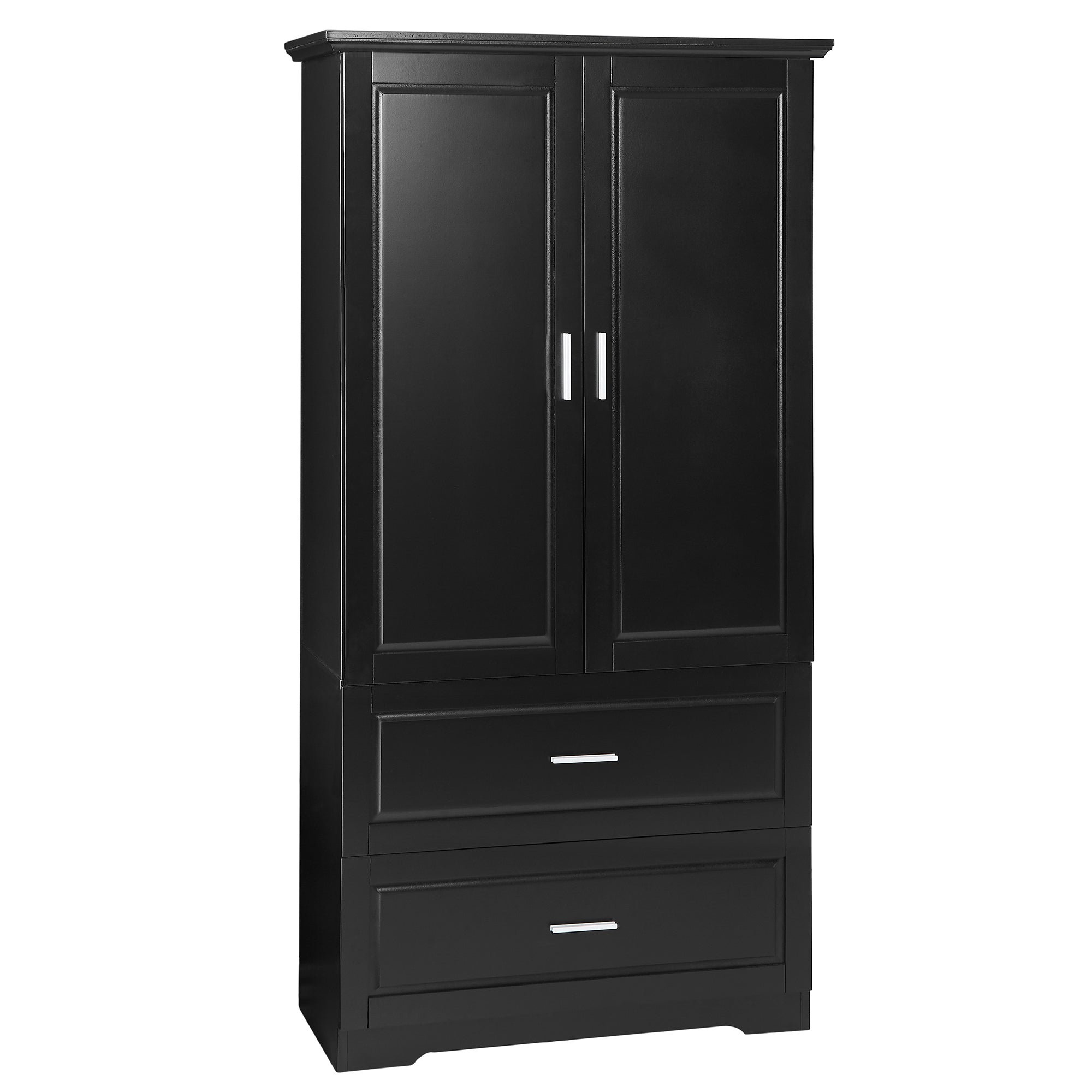 Black MDF tall bathroom storage cabinet with two doors and drawers
