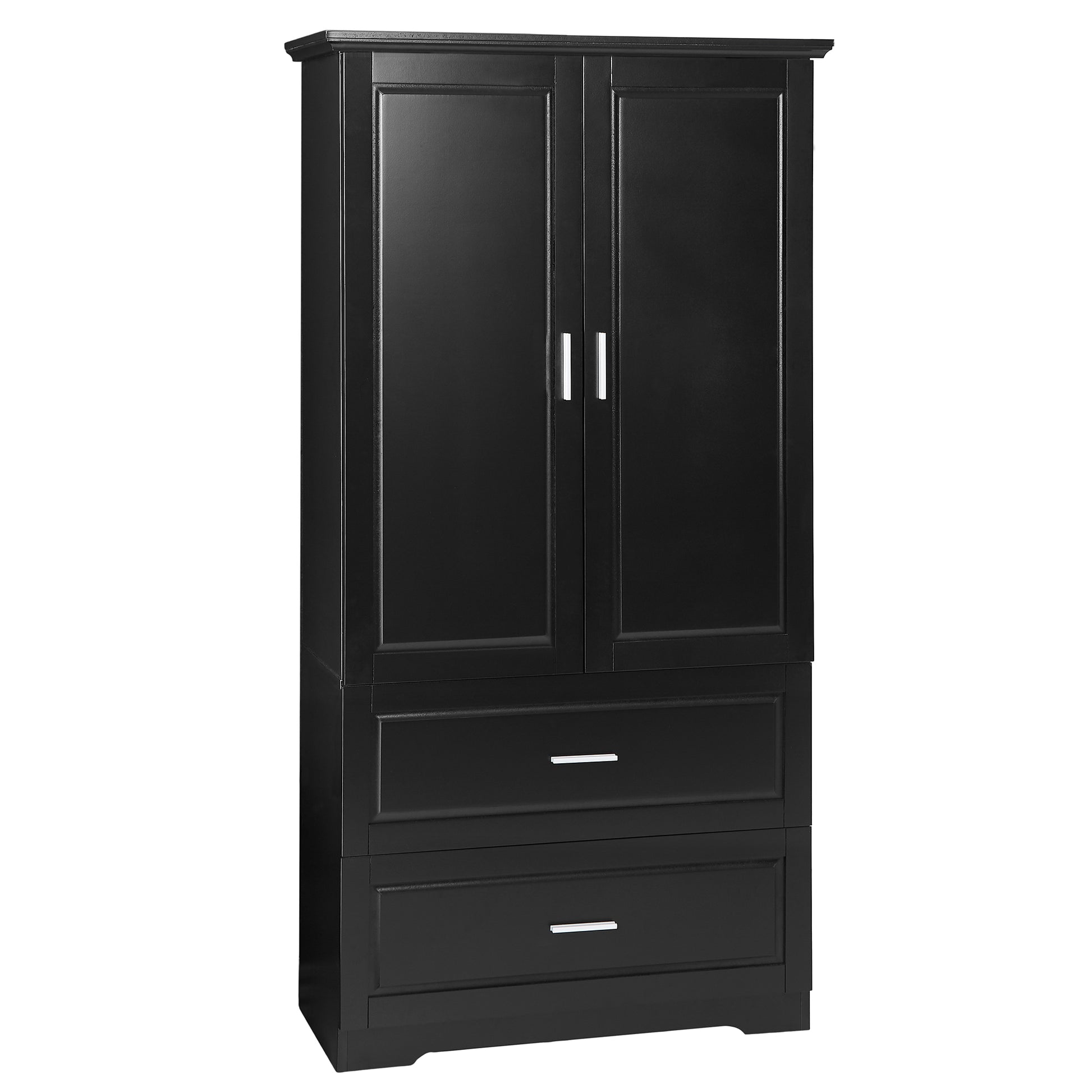 Black MDF tall bathroom storage cabinet with two doors and drawers
