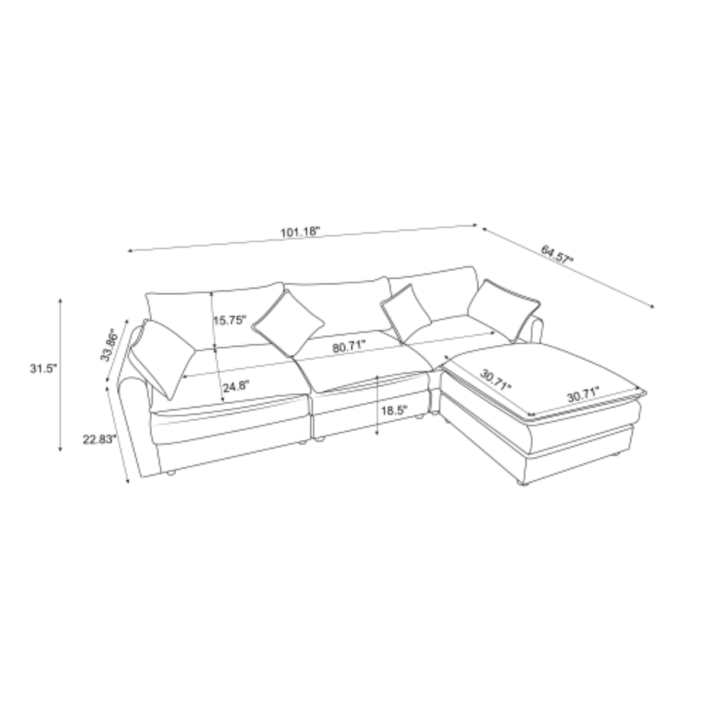 Modern L-shaped 3-seater modular sofa with ottoman in a living room setting.

