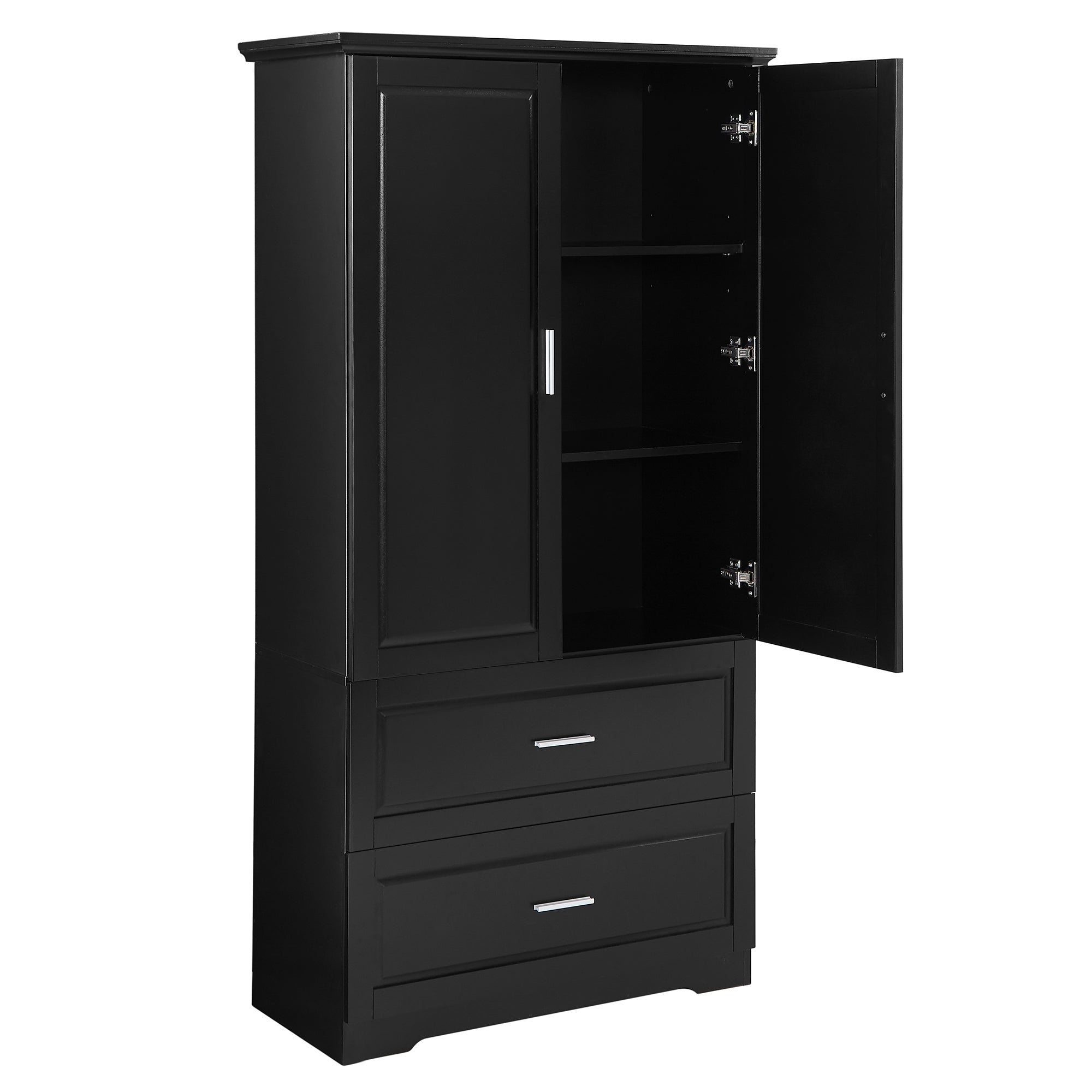 Black MDF tall bathroom storage cabinet with two doors and drawers