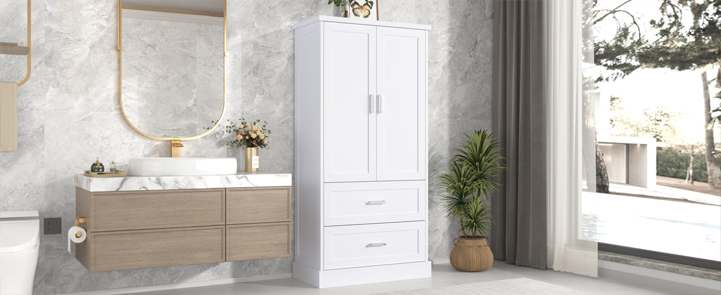 Tall white bathroom cabinet with drawers and double doors