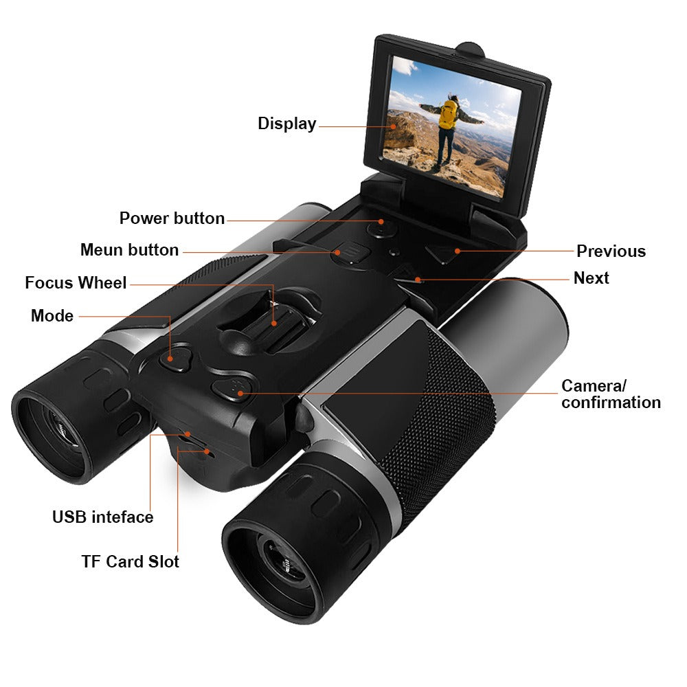 HD video camera binoculars with starlight night vision, allowing for clear daytime and nighttime viewing. Features high-definition video recording, powerful zoom, and enhanced starlight vision for low-light conditions, perfect for outdoor activities like wildlife observation and night-time surveillance