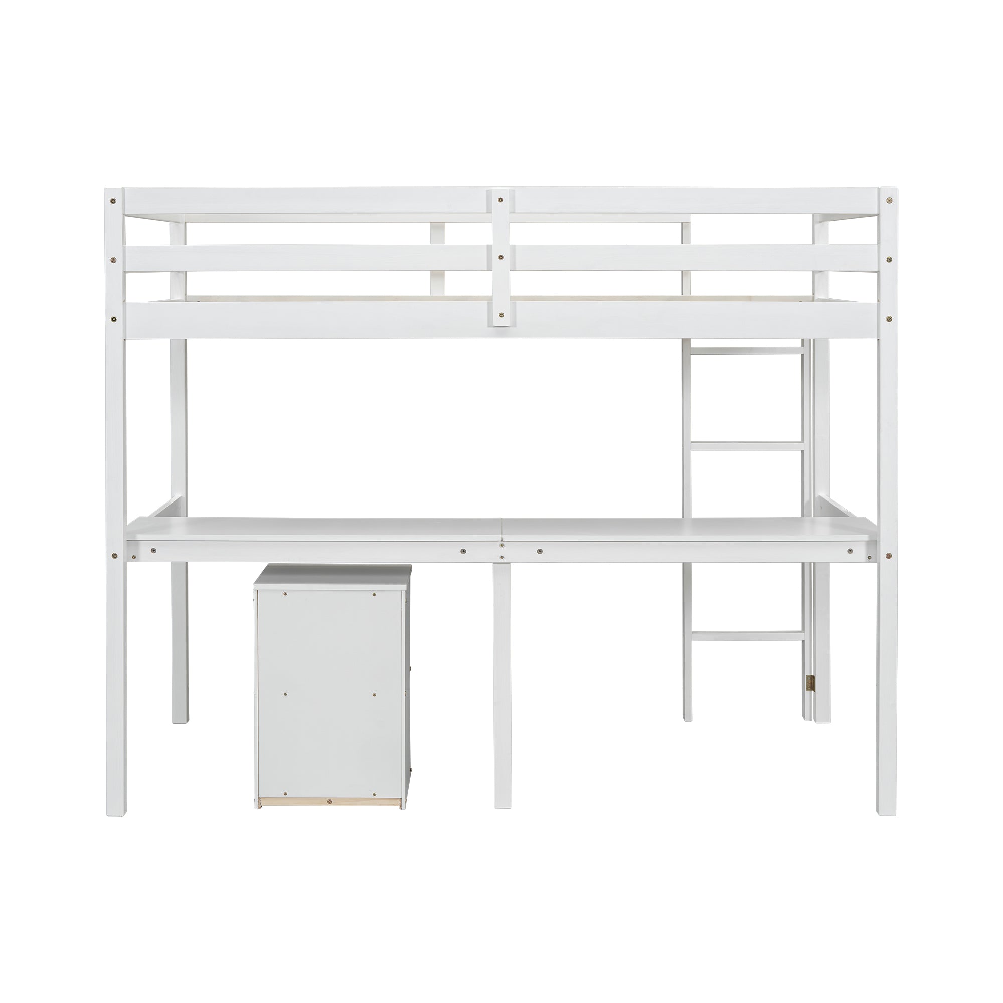 Full view of white twin loft bed with built-in desk and drawers underneath

