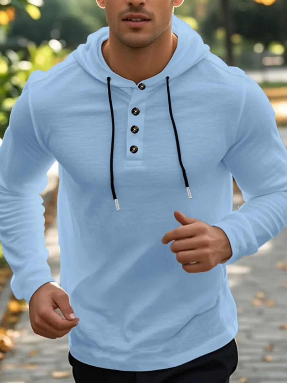 Men’s plus size hoodie with button detail and drawstring hood in long sleeve design.

