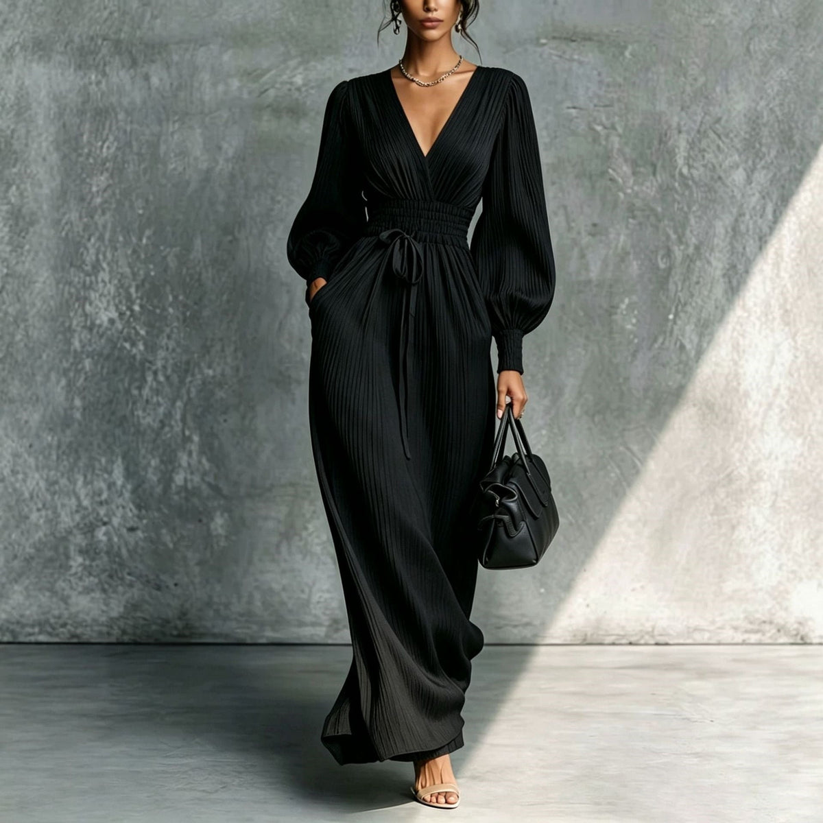 Solid color casual waist cinched long sleeved dress Hot Deal Warehouse