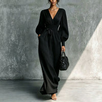 Solid color casual waist cinched long sleeved dress Hot Deal Warehouse