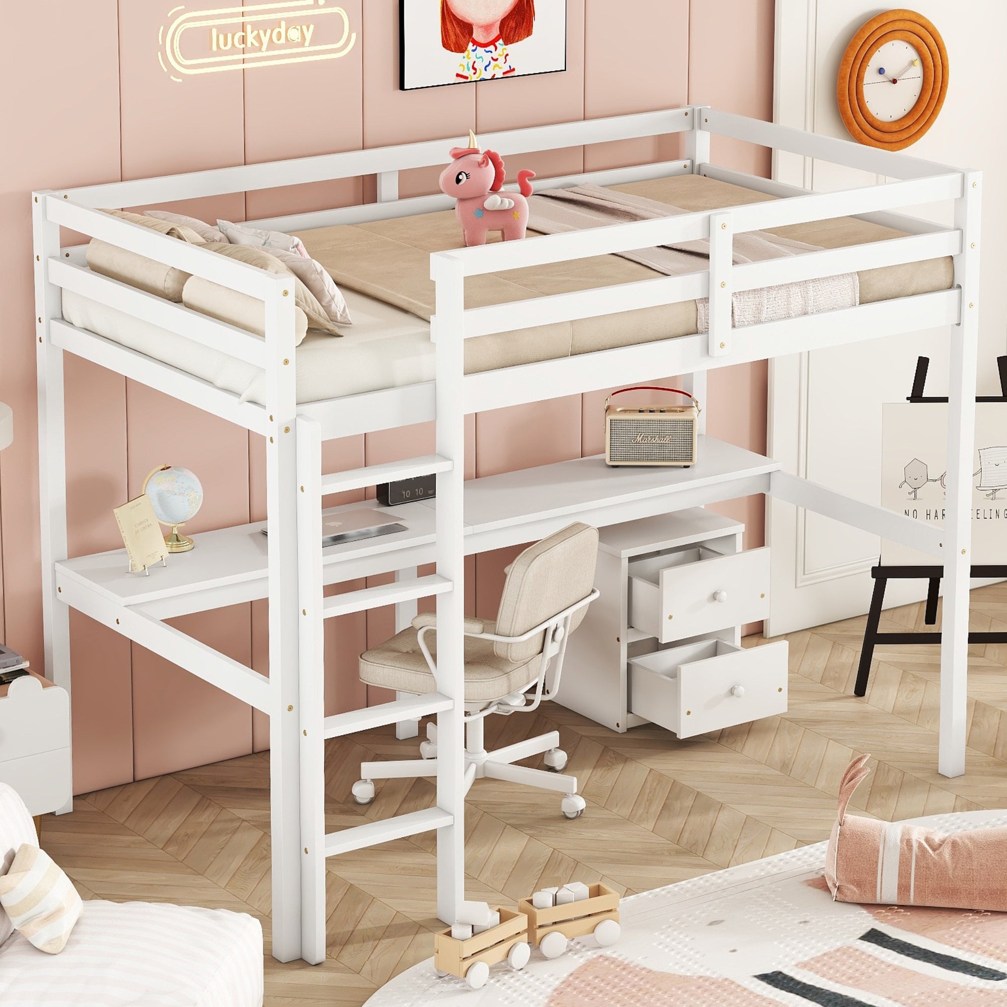 Full view of white twin loft bed with built-in desk and drawers underneath

