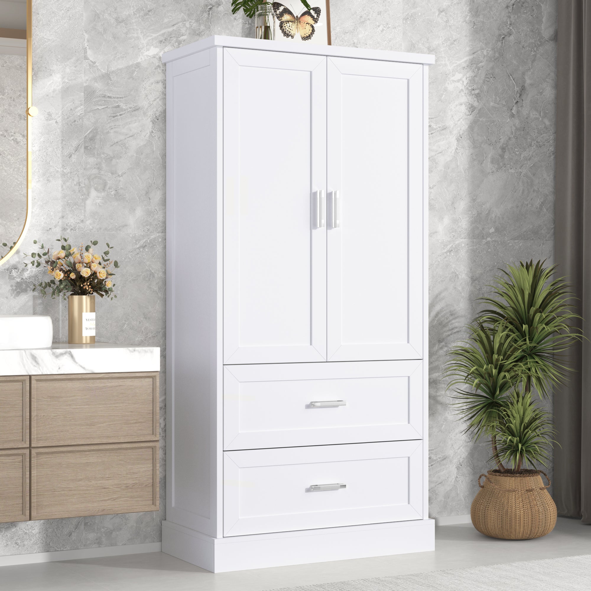 Tall white bathroom cabinet with drawers and double doors