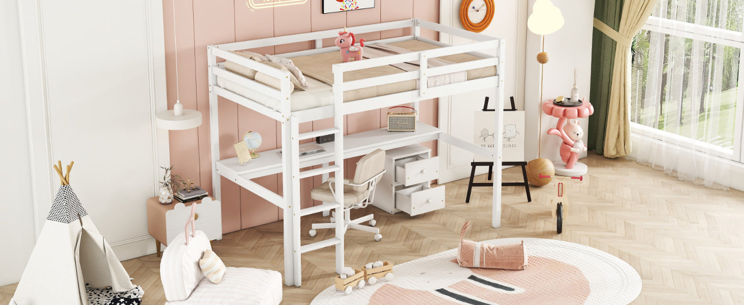 Full view of white twin loft bed with built-in desk and drawers underneath

