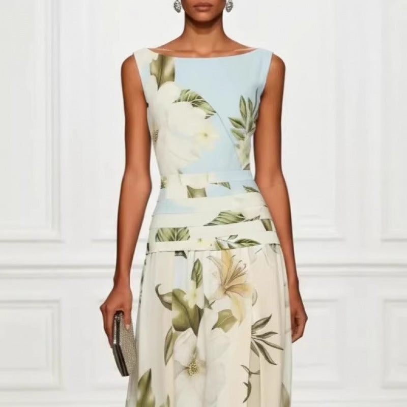 V-neck floral print women's dress sleeveless backless waist cinching long skirt Hot Deal Warehouse