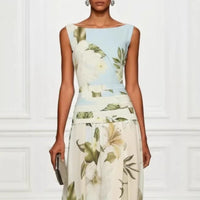 V-neck floral print women's dress sleeveless backless waist cinching long skirt Hot Deal Warehouse
