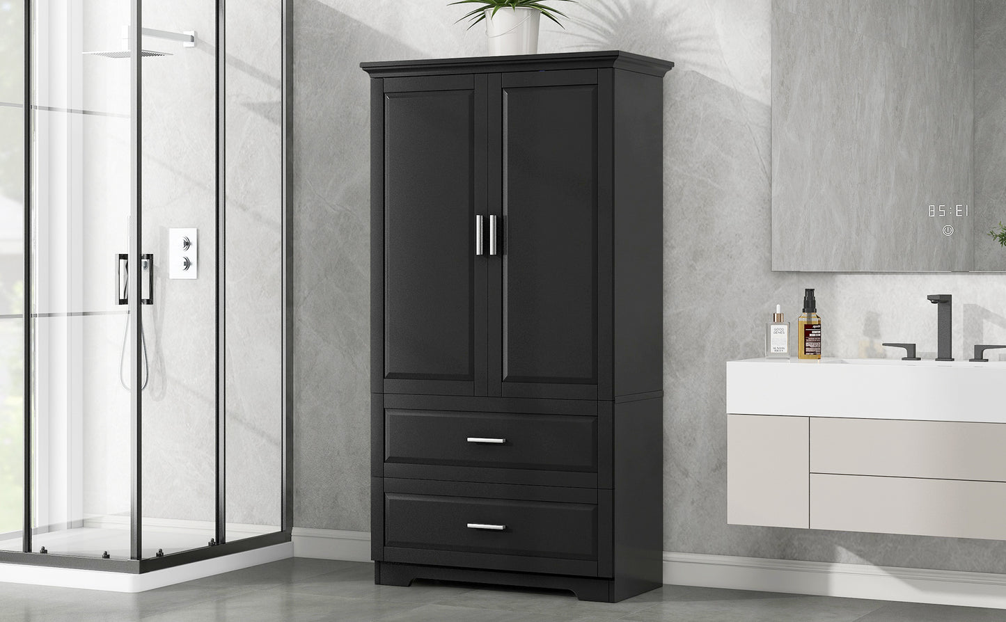 Black MDF tall bathroom storage cabinet with two doors and drawers