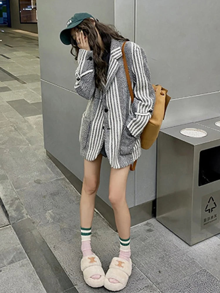 Vintage Striped Weave Woolen Blazer Coat for Women, Autumn Winter Casual Suit Jacket








