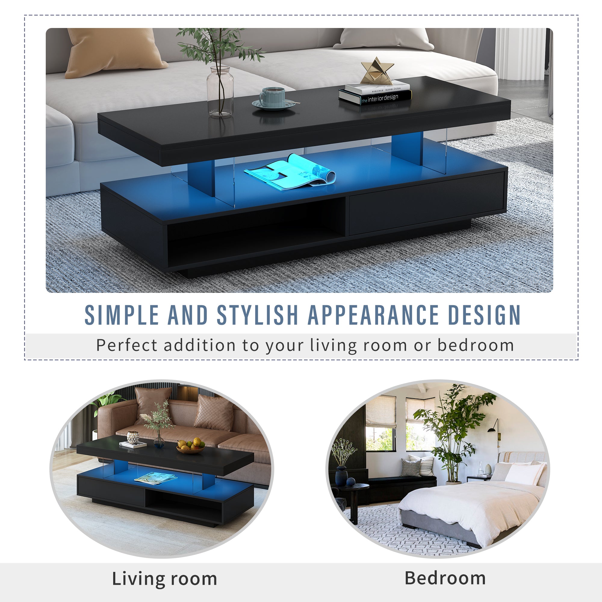 U-Can black LED coffee table with drawers and display shelf
