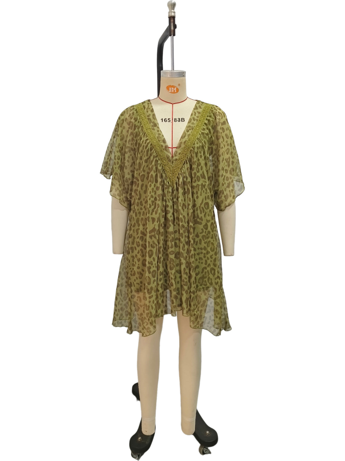 Women's olive green leopard print loose-fit dress with short sleeves and V-neckline