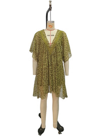 Women's olive green leopard print loose-fit dress with short sleeves and V-neckline