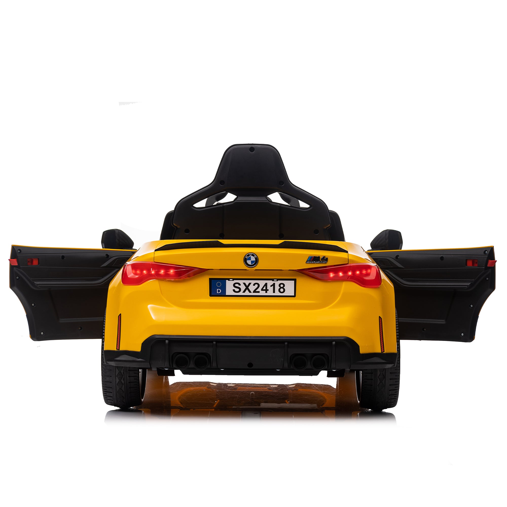 Yellow BMW M4 12V electric ride-on car for kids, featuring authentic design with working headlights, MP3 player, and forward/reverse motion. Comes with adjustable seat and steering wheel, providing a realistic driving experience for children aged 3-6