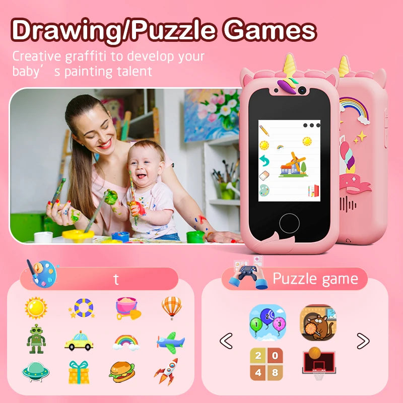 Kids smartphone camera toy with touchscreen, designed for 3-12-year-olds, doubles as an MP3 player and educational gift.

