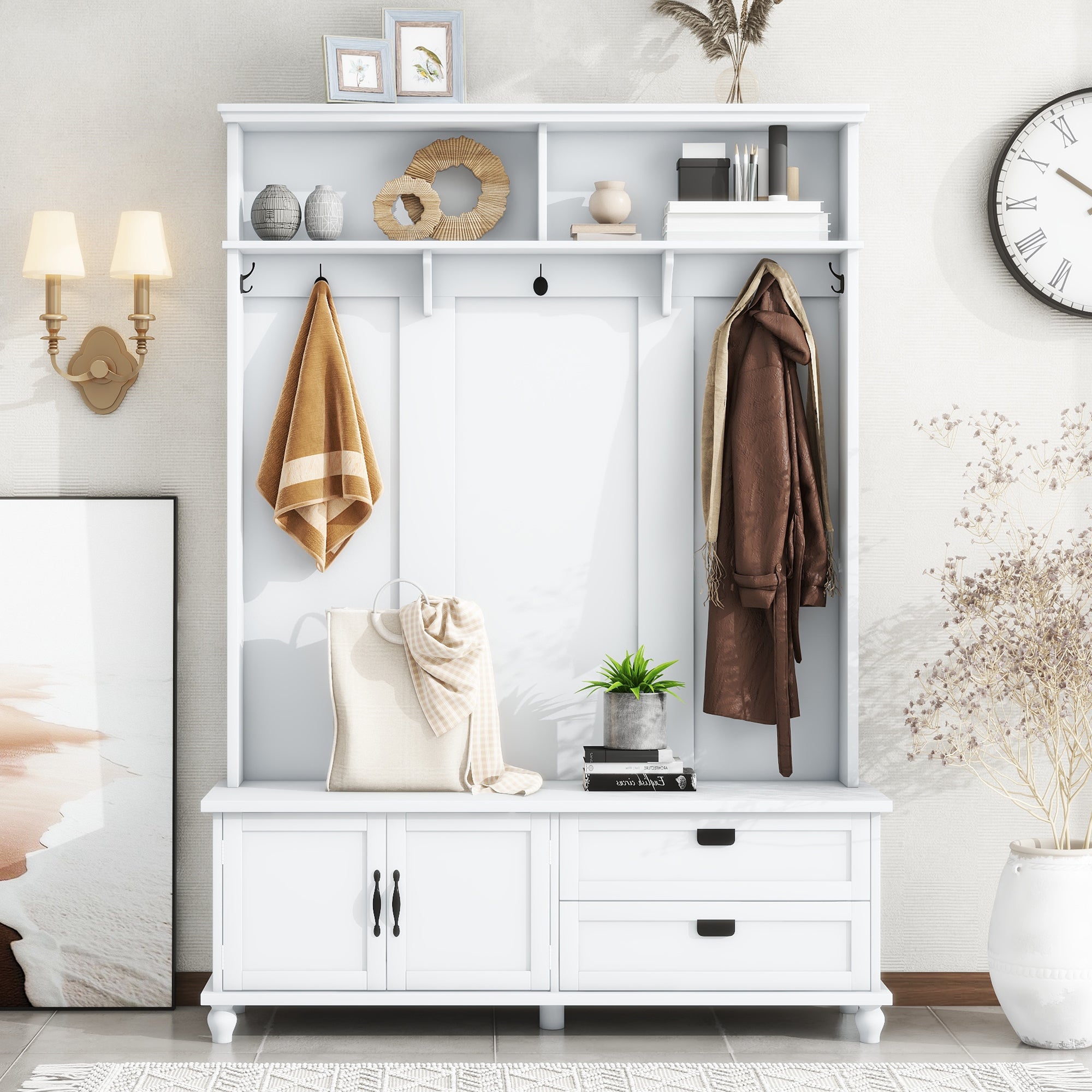 ON-TREND white hall tree with bench, coat hooks, drawers, and cabinet