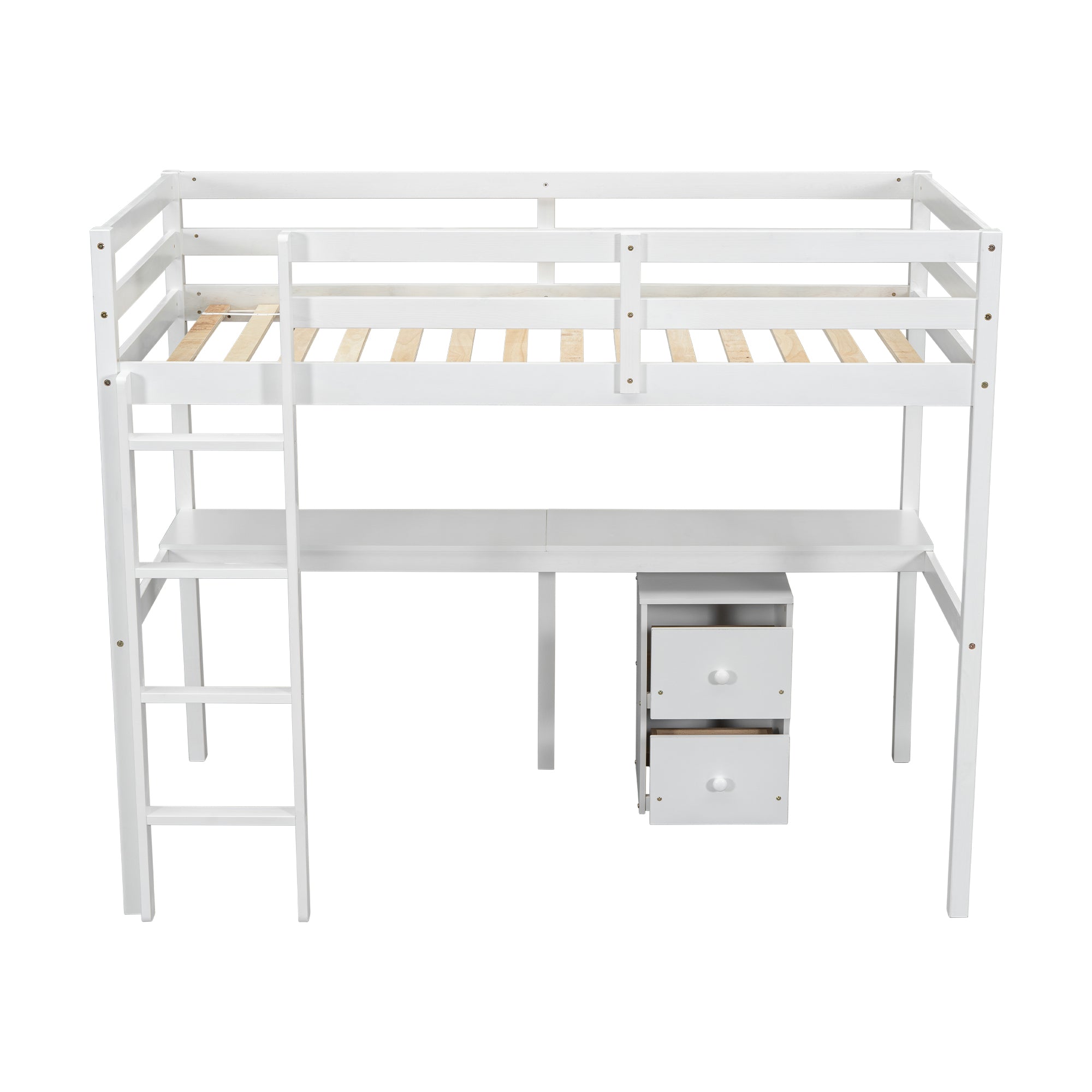 Full view of white twin loft bed with built-in desk and drawers underneath


