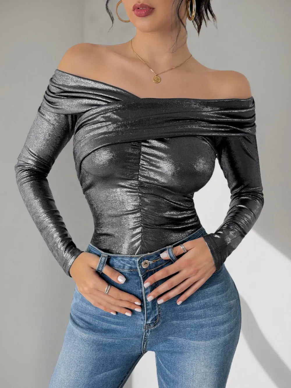 Perfee ruched off-shoulder bodysuit with long sleeves, front view


