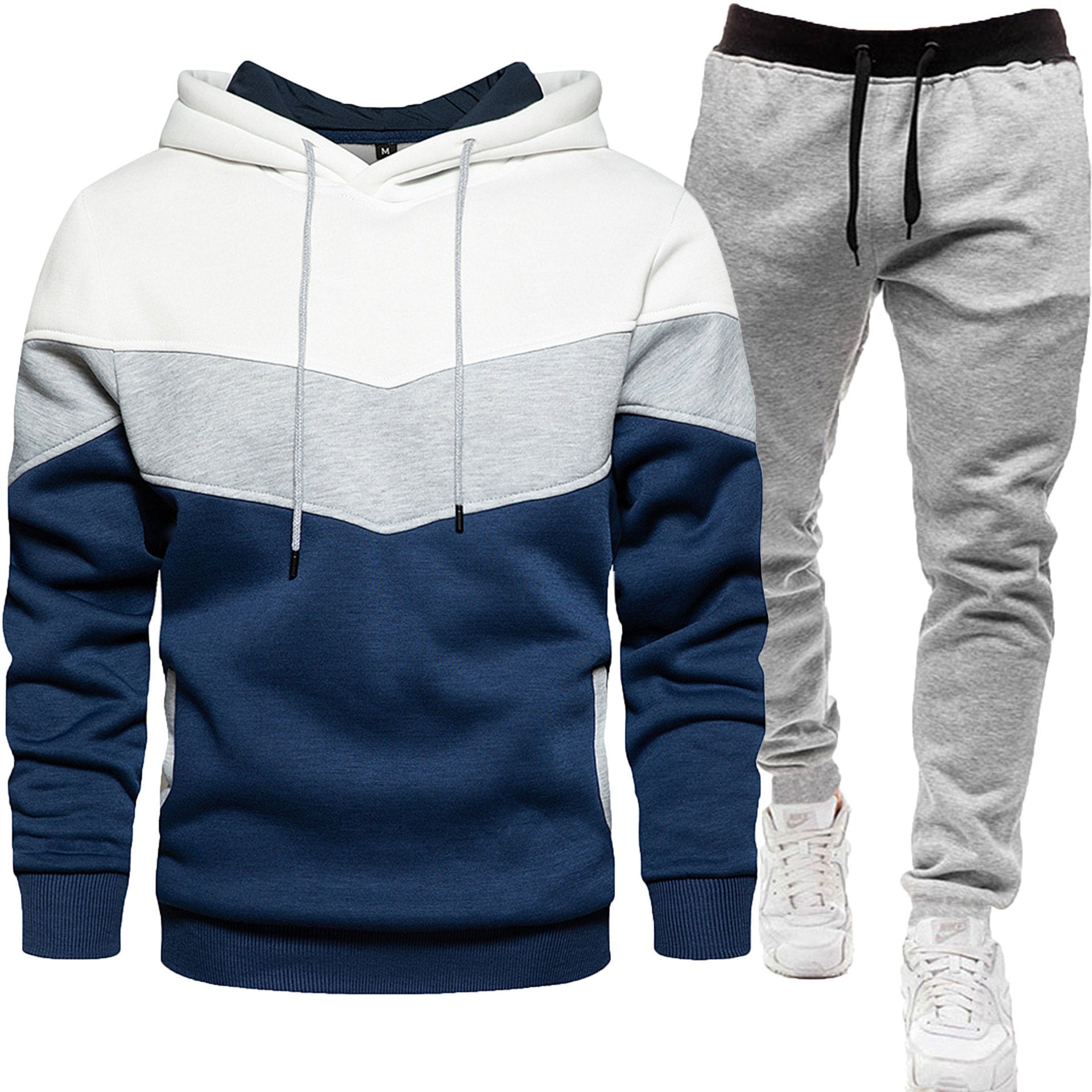 Men's three-color hoodie and jogger pants two-piece set, front view

