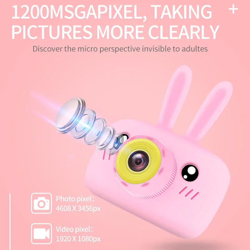 Cute kids' digital cartoon camera with HD lens and 2-inch display for photo and video.

