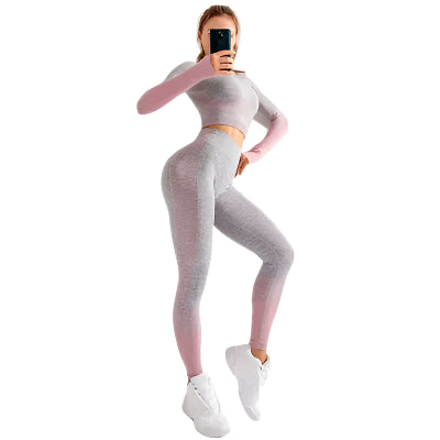 "Women’s seamless yoga set consisting of a high-waisted, form-fitting pair of leggings paired with a matching sports bra. The set features a smooth, stretchy, and breathable fabric, designed in a minimalist style for maximum comfort and flexibility during yoga or fitness activities."