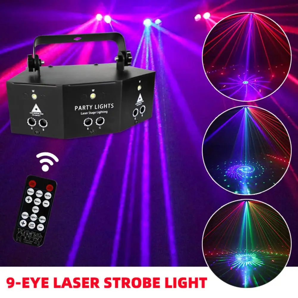 9-eye RGB LED DJ disco light with remote control and DMX port