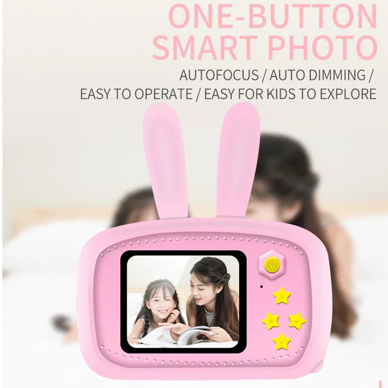 Cute kids' digital cartoon camera with HD lens and 2-inch display for photo and video.

