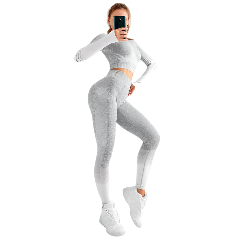 "Women’s seamless yoga set consisting of a high-waisted, form-fitting pair of leggings paired with a matching sports bra. The set features a smooth, stretchy, and breathable fabric, designed in a minimalist style for maximum comfort and flexibility during yoga or fitness activities."
