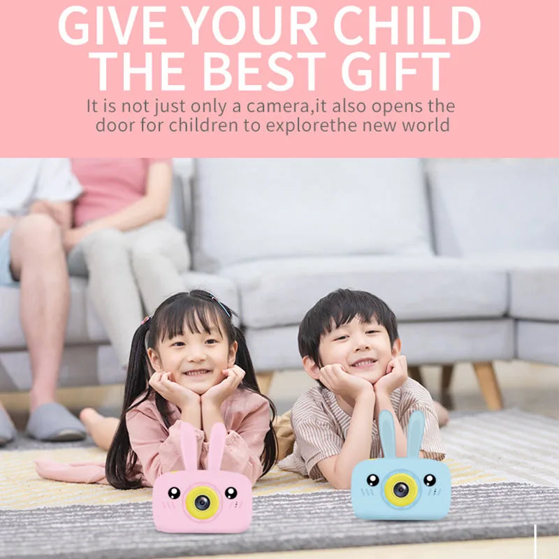 Cute kids' digital cartoon camera with HD lens and 2-inch display for photo and video.

