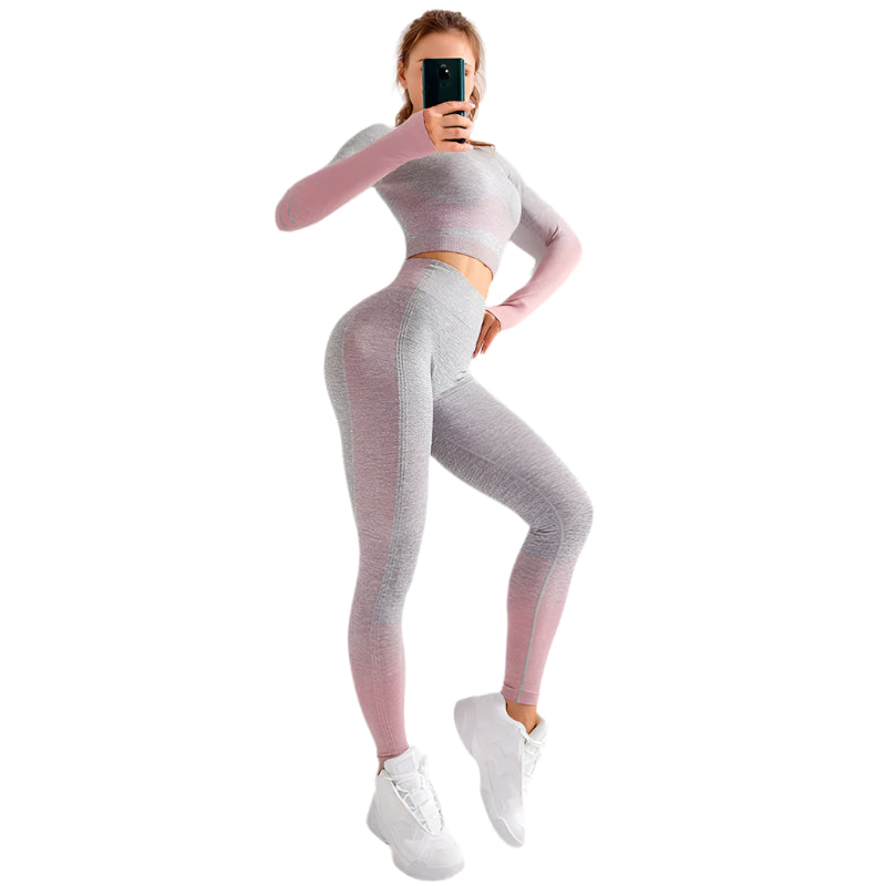 "Women’s seamless yoga set consisting of a high-waisted, form-fitting pair of leggings paired with a matching sports bra. The set features a smooth, stretchy, and breathable fabric, designed in a minimalist style for maximum comfort and flexibility during yoga or fitness activities."
