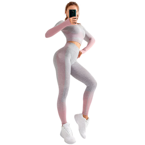 "Women’s seamless yoga set consisting of a high-waisted, form-fitting pair of leggings paired with a matching sports bra. The set features a smooth, stretchy, and breathable fabric, designed in a minimalist style for maximum comfort and flexibility during yoga or fitness activities."
