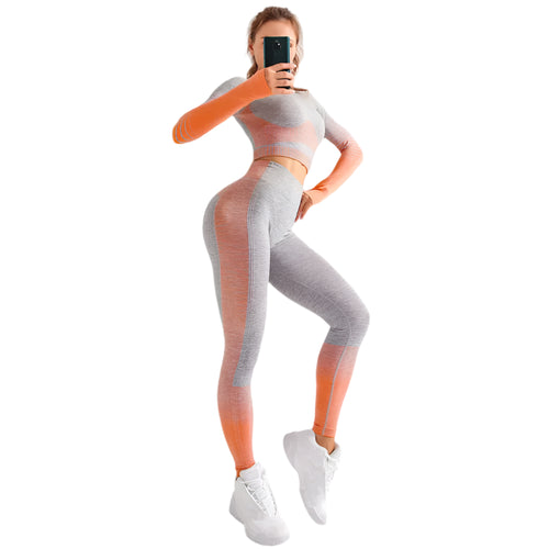 "Women’s seamless yoga set consisting of a high-waisted, form-fitting pair of leggings paired with a matching sports bra. The set features a smooth, stretchy, and breathable fabric, designed in a minimalist style for maximum comfort and flexibility during yoga or fitness activities."