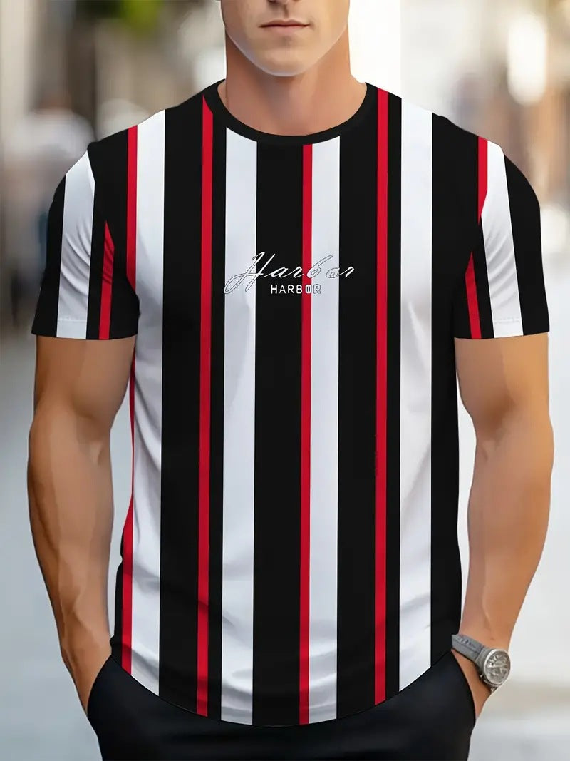 Men's Carnival Fashion Striped T-Shirt with bold, colorful stripes, short sleeves, and a relaxed fit.