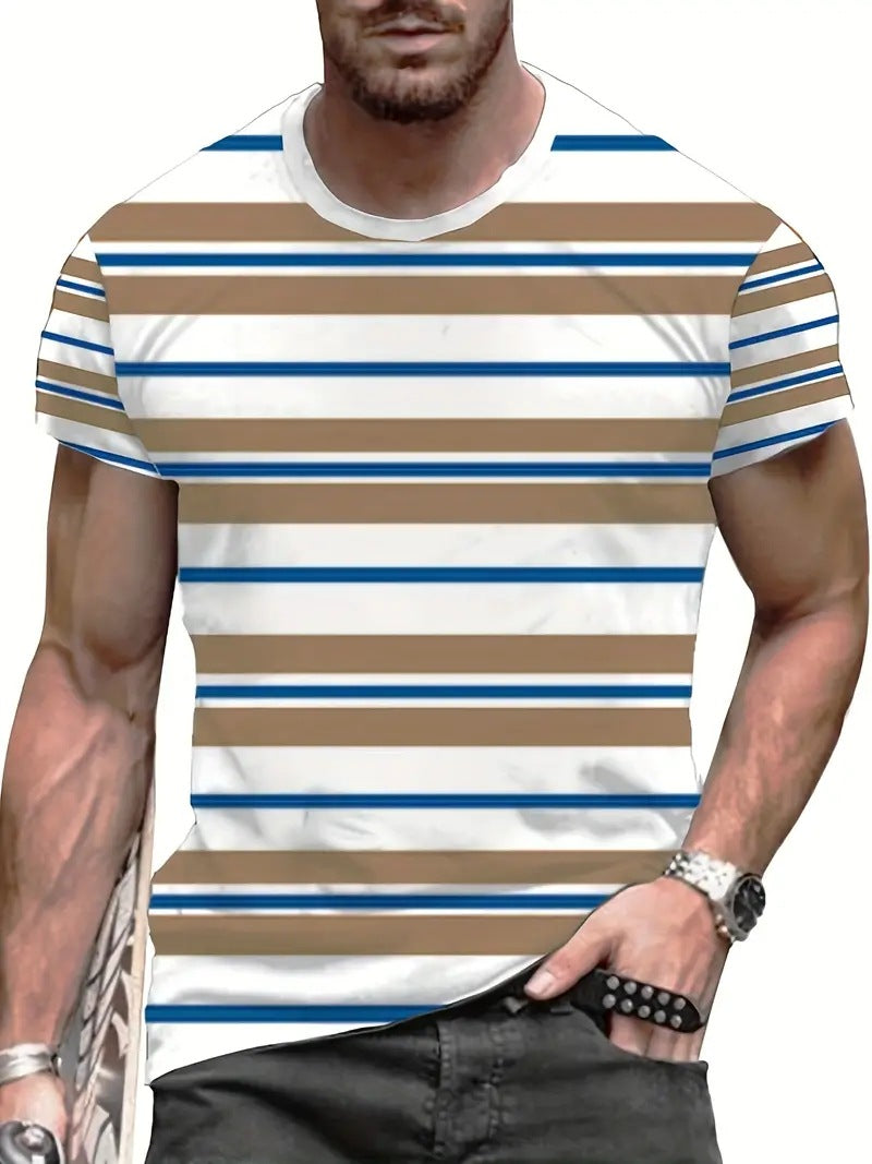 Men's Carnival Fashion Striped T-Shirt with bold, colorful stripes, short sleeves, and a relaxed fit.