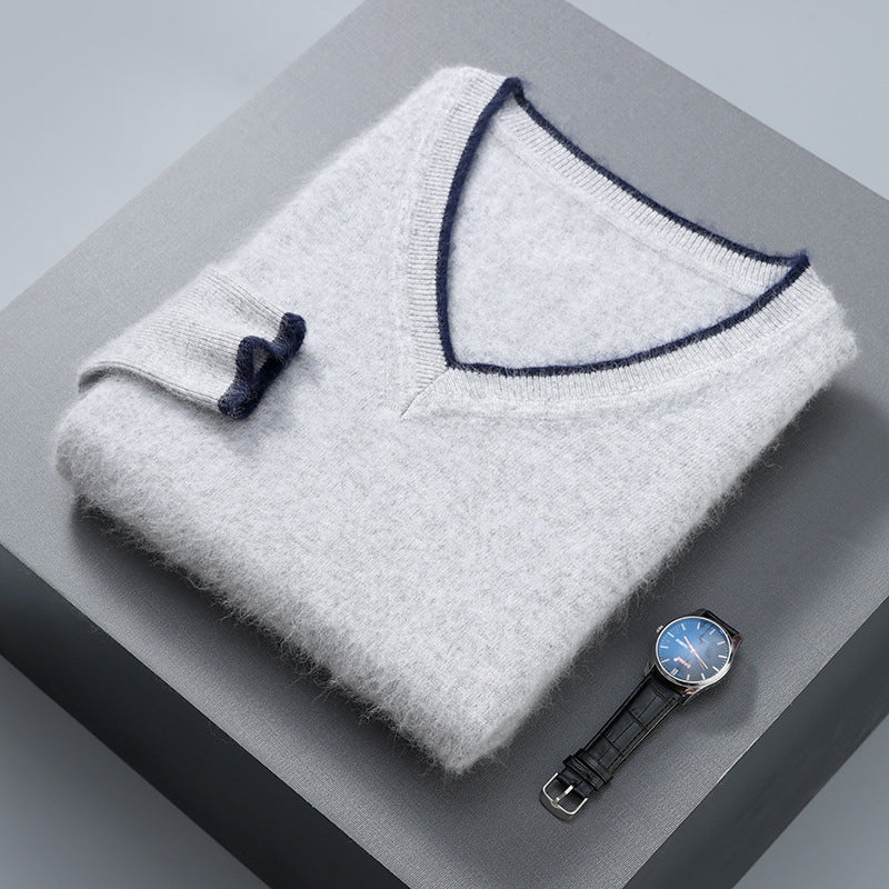 Men’s Pullover V-neck Loose Color Matching Plus Size Thermal Sweater, Comfortable and Stylish for Cold Weather Wear.