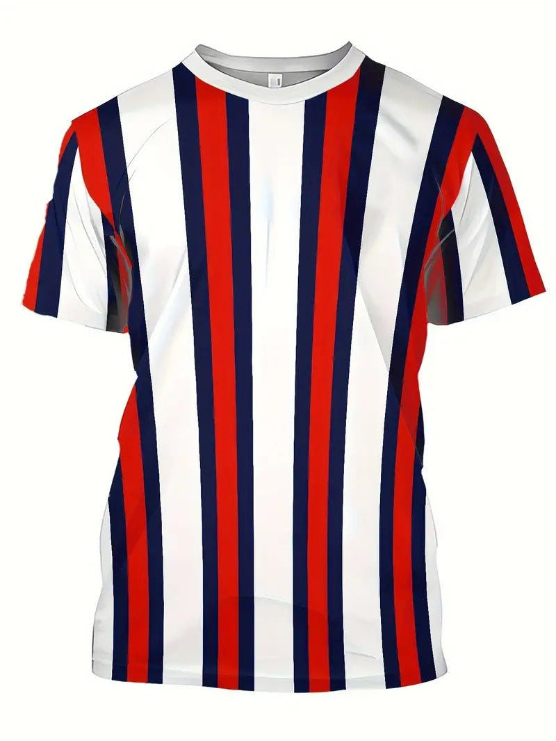 Men's Carnival Fashion Striped T-Shirt with bold, colorful stripes, short sleeves, and a relaxed fit.