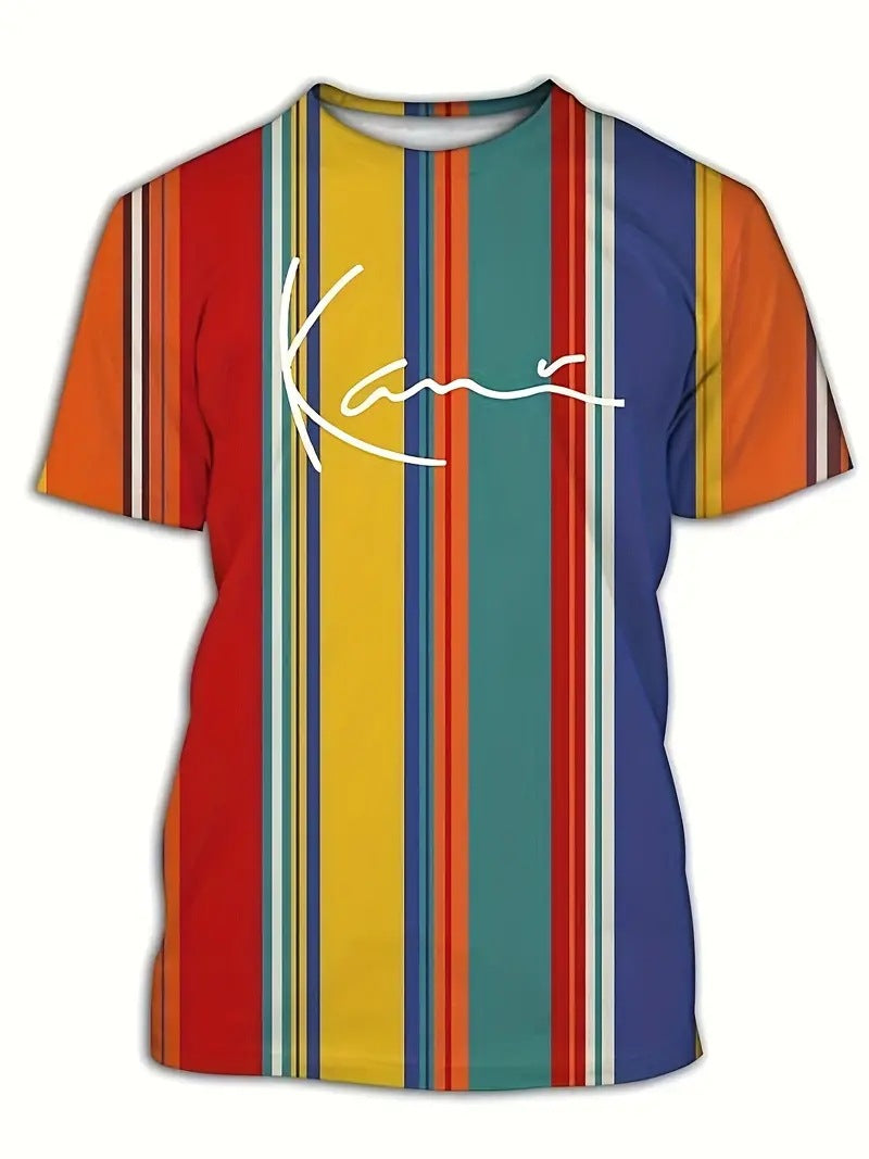 Men's Carnival Fashion Striped T-Shirt with bold, colorful stripes, short sleeves, and a relaxed fit.