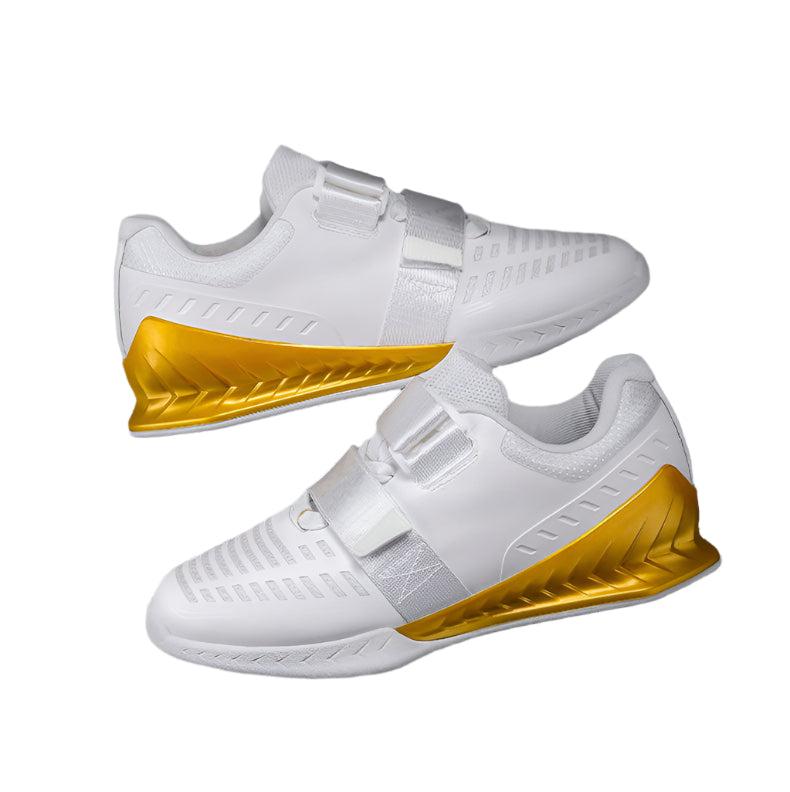 Professional weightlifting squat shoes with hard sole and elevated heel for strength training.

